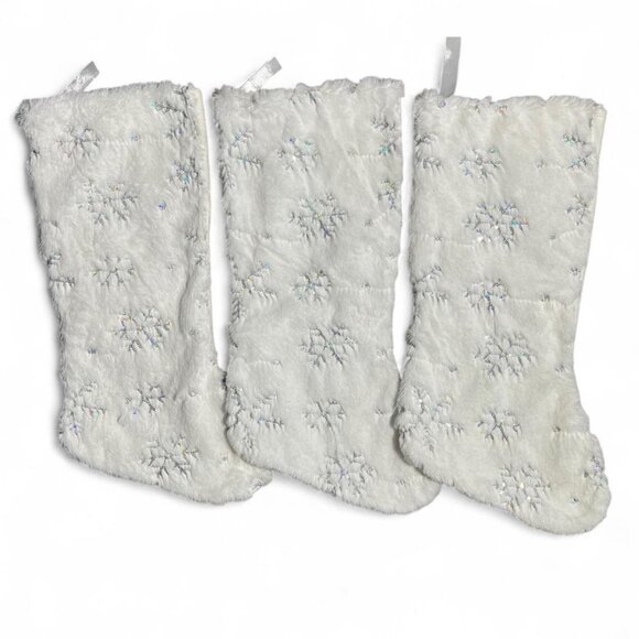 White Faux Fur Christmas Stockings Set of 3 – Snowflake Embroidery, Winter Decor - Picture 4 of 7